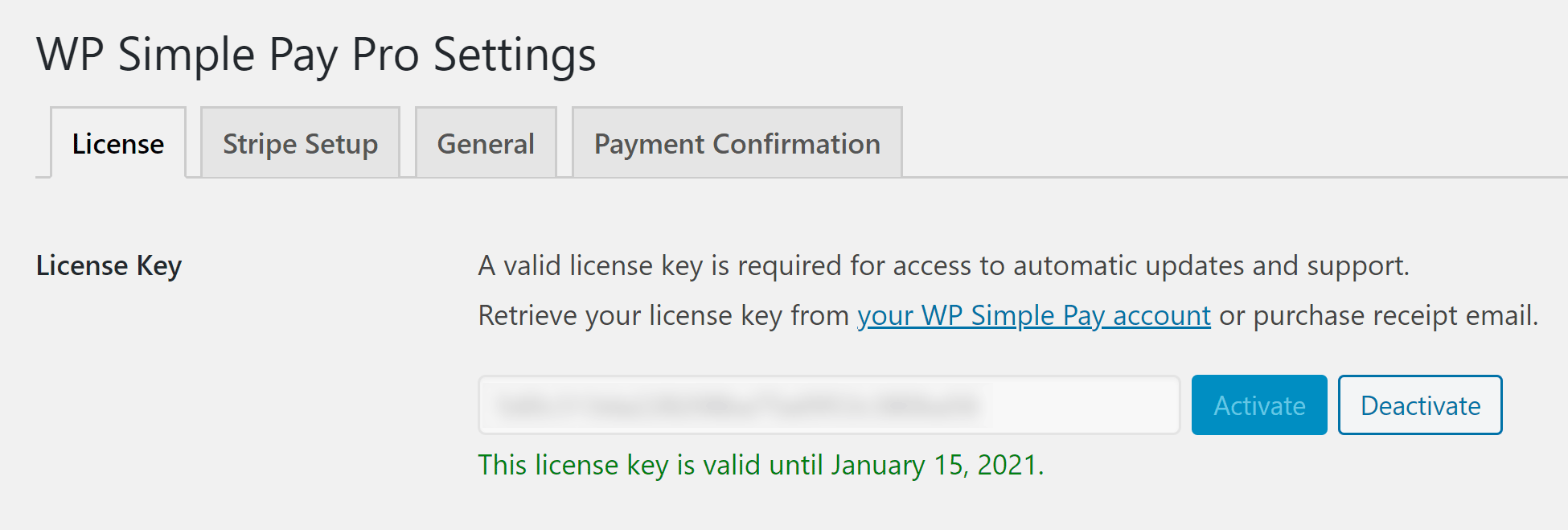 Настройки лицензии WP Simple Pay